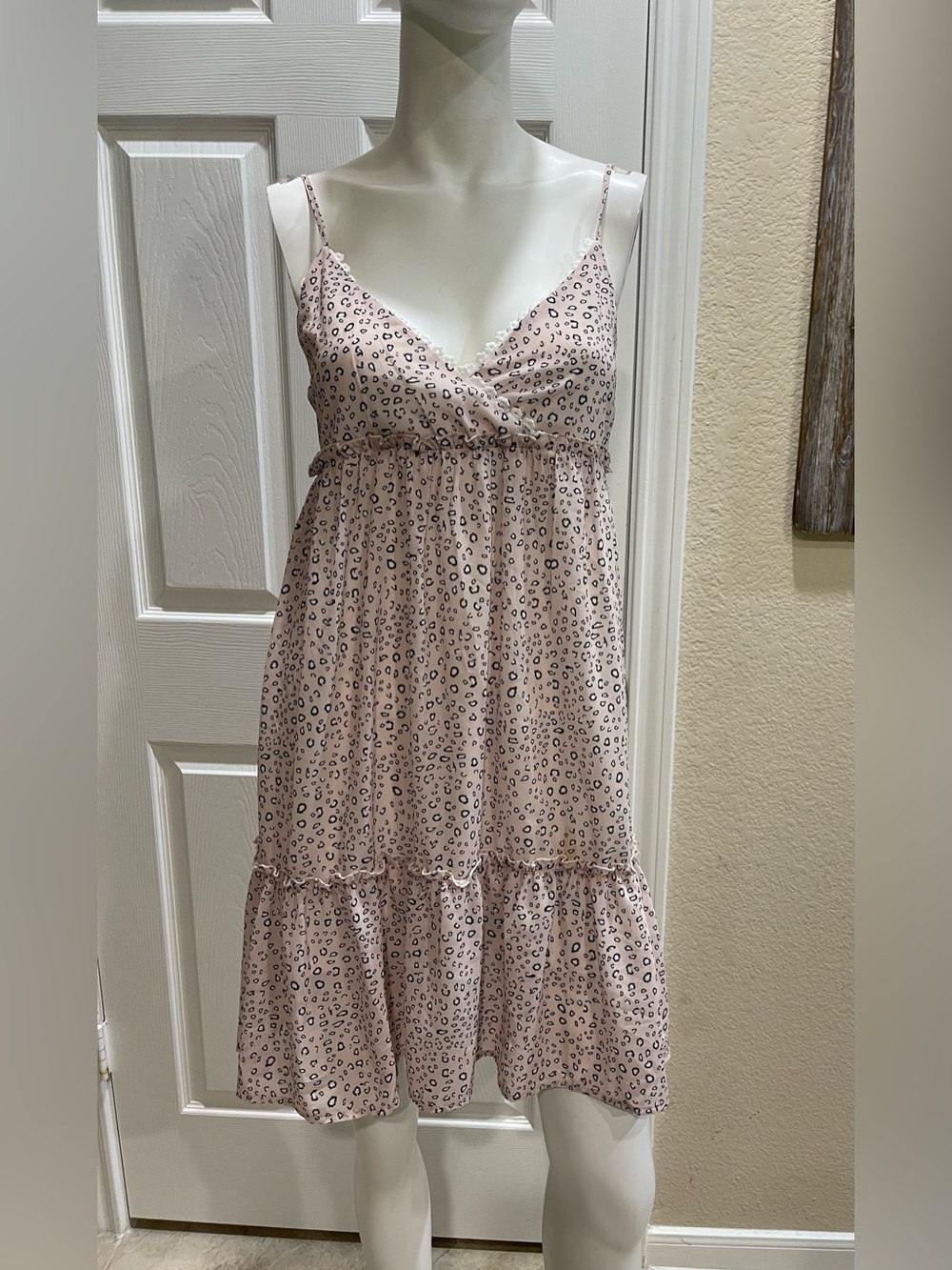 Peach Love California Pink Leopard Print Babydoll Dress Lace Trim Small